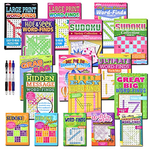 17-Pack 1400+ Sudoku Puzzles for Adults, Large WordSearch Puzzle for Adults, Aging Seniors Brain Stimulation Activity Books (Variety Pack Bulk) - Large 8x10 & Digest 5x8 Combo
