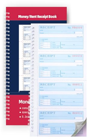 Receipt Books with Carbon Copies,Money and Rent Receipt Book,3-Part Carbonless,5.31 x 11.22,Receipt Book for Small Business,Blue,Yellow and Pink Copy,100 Sets Per Book