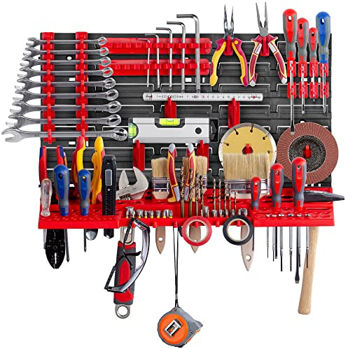 KADAX Werkstattregal, 58x39cm Werkzeugwandregal aus robustem Kunststoff, UV-Resistentes Lagersystem, Erweiterbare Wandplatten, Werkstattwandregal für Garage (Rot, 21 tlg.)