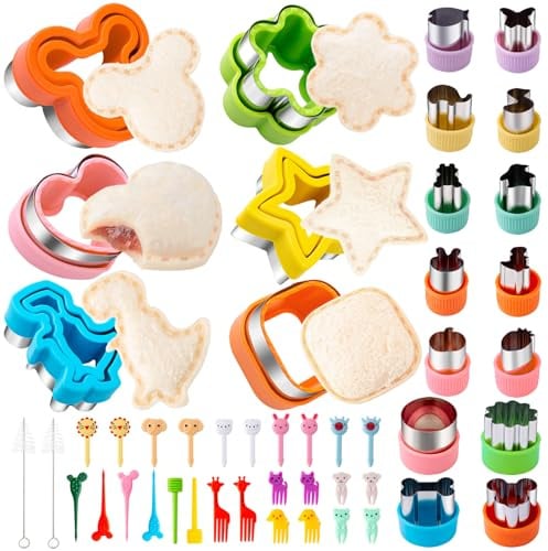 Cortador de sándwich para niños almuerzo 48 piezas (GRANDE), Nifogo, juego de cortadores de galletas y sellador, quita corteza de pan, formas de dinosaurio, Mickey, corazón para niños y niñas