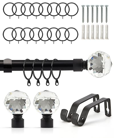 Emma Barclay Extendable Curtain Pole With Finials Rings Brackets & Fittings Sets 16-19mm in Matt Black Metal Curtain Poles For Eyelet Curtains Rod - Crystal Collection 1.2m - 2.1m Matt Black