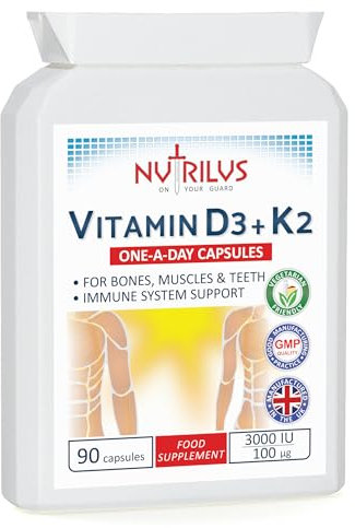 Nutrilus Vitamin D3 3000 IU and K2 MK-7 100mcg 90 Capsules - not Tablets - One Daily Supplement - Muscles - Bones - Teeth - Immune System