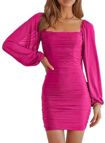 MASCOMODA Robe moulante élégante à col carré pour femme - Manches longues - Mini robe moulante froncée en maille extensible - Robes de cocktail, rose rouge, Taille XS