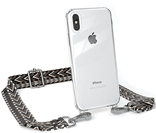 EAZY CASE Handykette - Verstellbarer Gurt kompatibel mit iPhone X/XS, Schulterriemen, Flache Kordel, Handykordel mit Hülle, Hülle mit Kette, Anthrazit/Schwarz - Metall Silber