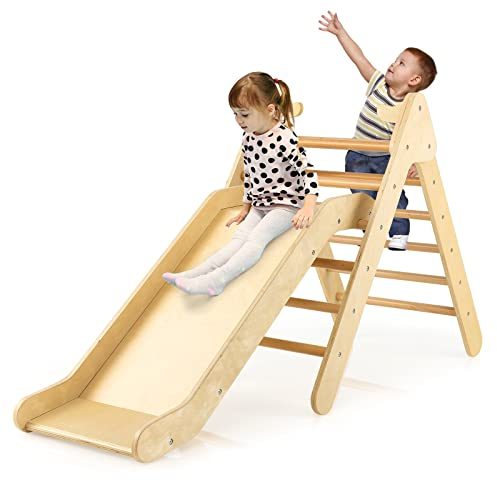 DREAMADE 2 in 1 Kletterdreieck mit Rutsche, Indoor Klettergerüst, Holzdreieck Sprossendreieck Klettergerät Kletterspielzeug, Kletterspielzeug aus Holz für Kinder ab 1 Jahre (Natur)