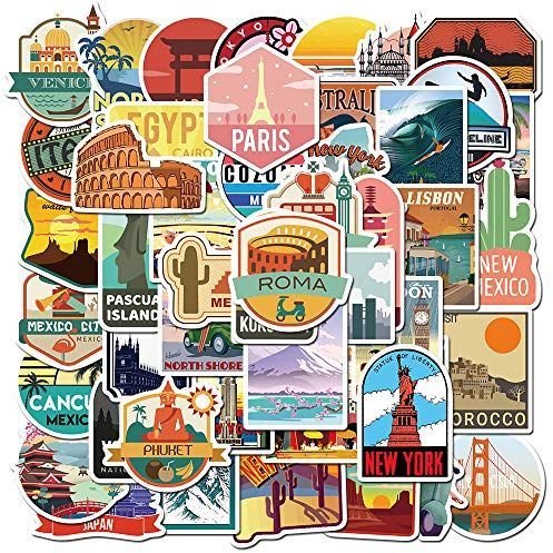 Reise Aufkleber 50 Stück Set, Vintage Stickers Retro Vinyl Etiketten für Koffer Laptop Helm Skateboard Fahrrad Wasserfeste Deko