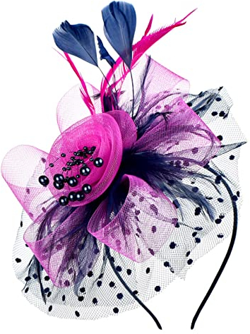 Damen Fascinator Hut mit Federn Schleier Stirnband Clip, Damen Fascinator Hut Mesh Federn Clip Kopfschmuck Haarschmuck für Party Kirche Hochzeit Cocktail Club Fascinator Hüte Braut (Navy, One Size)