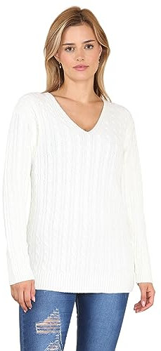 WearAll Women's Plus Cable Knitted Long Sleeve V-Neck Sweater Top Ladies Stretch Jumper - Cream - 16-18