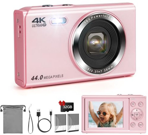 Digital Camera, LAMA 1080P FHD 44MP Kids Vlogging Camera with 32GB SD Card, 16X Digital Zoom Compact Camera with 2 Batteries, 2.4 LCD Screen Mini Camera for Kids, Boys, Girls, Teenagers Pink