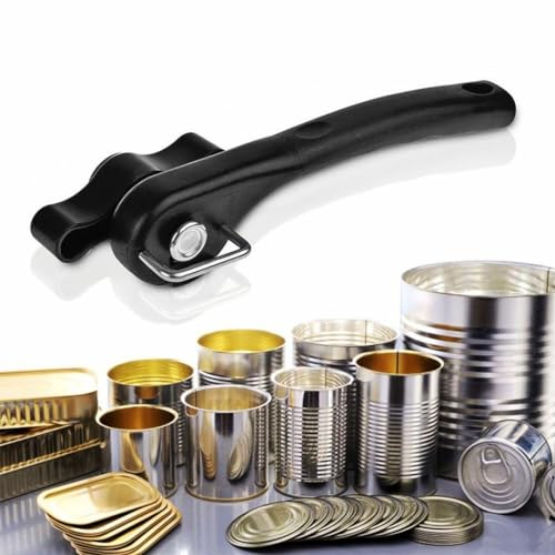 QHFlashbuy Abrelatas Manual de Seguridad,Borde Liso,Abrelatas Profesional Abrelatas de Acero Inoxidable con Mango Antideslizante,Herramienta de Cocina Multiusos-Negro