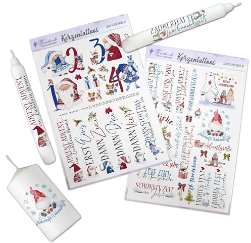 FEENSTAUB Kerzentattoos Weihnachten, 2er Set Kerzenfolien Weihnachten DIN A5, Wasserschiebefolie Kerzen, Weihnachtskerze 24 tage, Kerzensticker Advent, Kerzen Tattoo Folie Advent, Wichtel