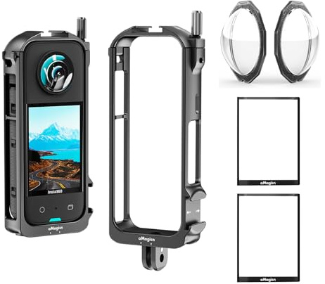 Rszfnjxry 360 X3 Aluminium Protective Cage with Sticky Lens Guards Cap and Screen Protector for Insta360 X3,Metal Durable Housing Frame with Cold Shoe Mount,Bundle Accessories for Insta 360 X3