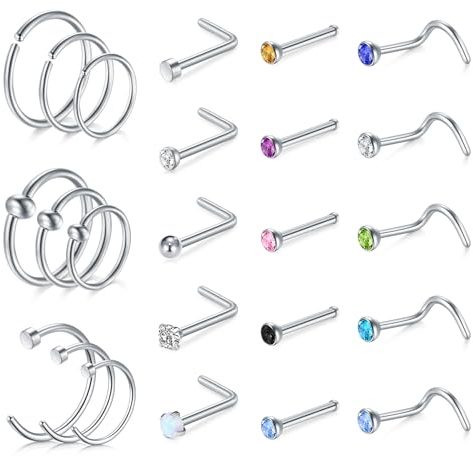 AVYRING 20G Chirurgenstahl Nasenstecker Silber mit Bunten Diamant Zirkonia, Nasenstecker Ringe Hoop Nasenpiercing Set für Frauen Männer, Packung mit 24 Stücken