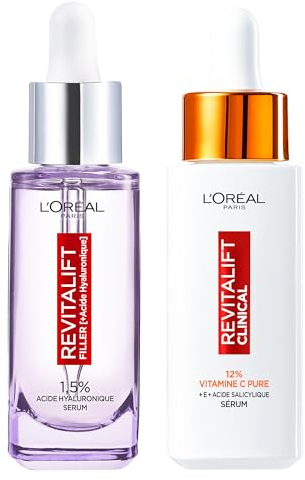 L'Oréal Paris - Set Routine Glanz & Feuchtigkeit – Revitalift Clinical Serum für einen leuchtenden Teint mit Vitamin C + Revitalift Filler Serum gegen Falten mit Hyaluronsäure – 2 x 30 ml
