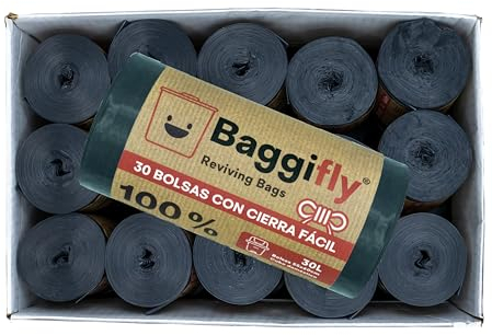 Baggifly, Bolsas de Basura 30L, 900 Bolsas Muy Resistentes, 100% Recicladas, Cierra Fácil, ECO Friendly, Uso Doméstico, Pack 30 x 30, Fabricado en España