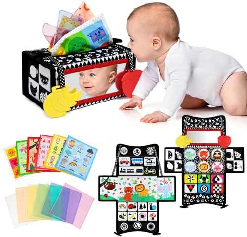 Dr.Rapeti 3in1 Tissue Box Spielzeug, Sensorik Crinkle Montessori Spielzeug Mit Spiegel, Baby-Spielzeug, Baby Schwarz Weiß Hohem Kontrast, Seidentüchern & Beißring