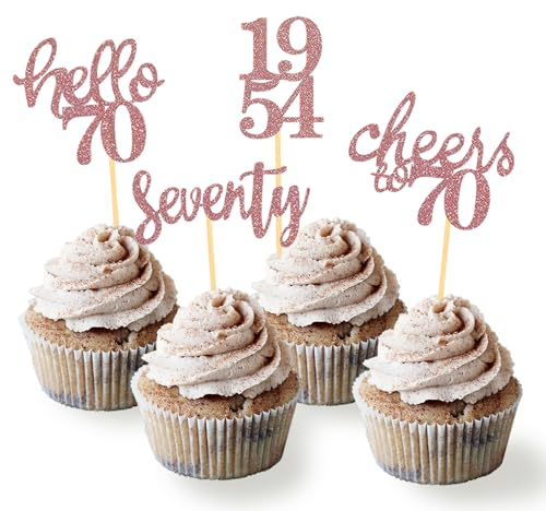 24 Pcs Glitter 70th Birthday Cupcake Toppers for Celebrating 70th Birthday Party Decorations for Seventy Years Old Birthday Party Supplies (Rose Gold)