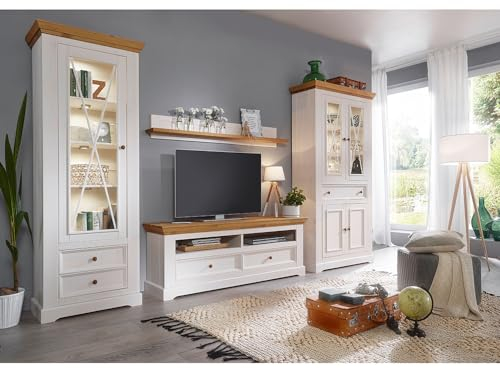Lomadox Wohnwand TV-Wand Kiefer weiß Eiche 4-teilig Landhausstil, 1 Vitrine, 1 Vitrinenschrank, 1 Lowboard, 1 Wandboard