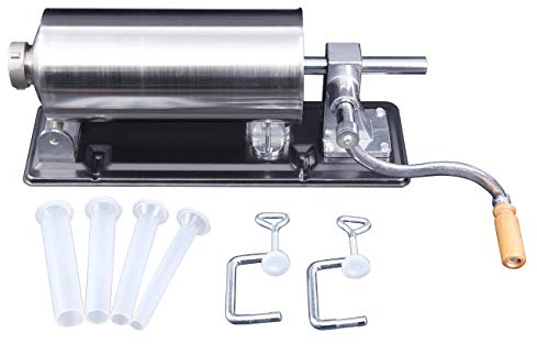TRY-YEAN 4,8L Manuelle Wurstfüller Wurstmaschine, Edelstahl Wurstfüllmaschine mit 4 Stück Füllrohre 11mm 16mm 20mm 28mm, Wurstpresse mit Tischklemme für Zuhause Siber