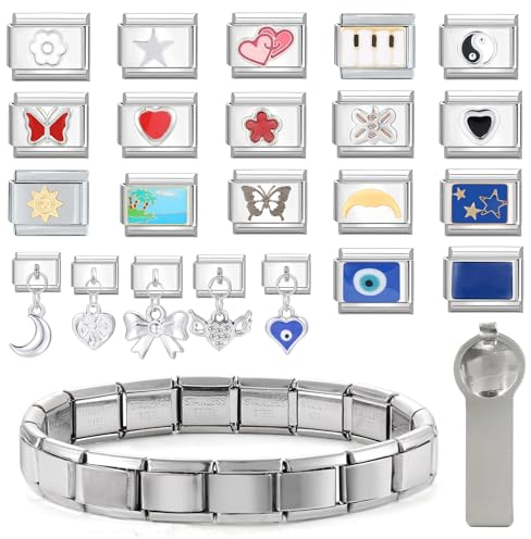 Infiher 24Pcs italian charm bracelet set,Classic Glieder italian charms 9mm Abnehmbare Edelstahl Modul Armband,italian style charms für damen,geschenke für frauen mama freundin