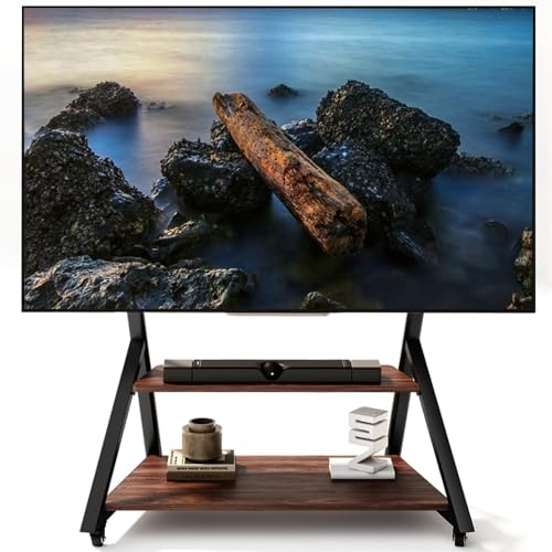 Carrello per TV mobile con ripiano in legno per schermi piatti e curvi da 50-100 pollici, carrello TV da esterno per carichi pesanti su ruote, regolabile in altezza, portata massima 100 kg