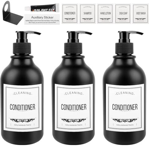 3 Stück Shampoo Flaschen zum Befüllen, 500ml Seifenspender schwarz, Duschgel Spender, Seifenspender Kunststoff mit Edelstahl Wandhalterungen, 25 Etiketten, für Flüssigseife Conditioner Duschgel