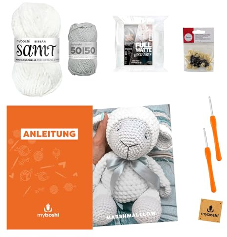 myboshi Häkelset Schaf Marshmallow für Anfänger, inkl. Samt und 50/50 Wolle, Häkelnadeln, Füllwatte, Anleitung, Label, 100% Polyester, Weiß mit Häkelnadel