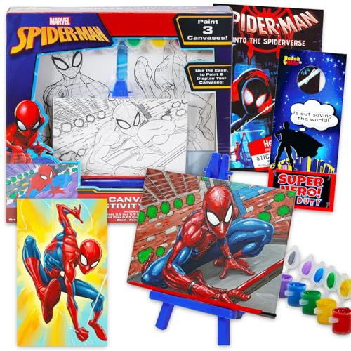 Marvel Spiderman Painting Set for Boys - 3 Canvases, Paint, Easel, Stickers, More | Spiderman Arts and Crafts Gift for Kids