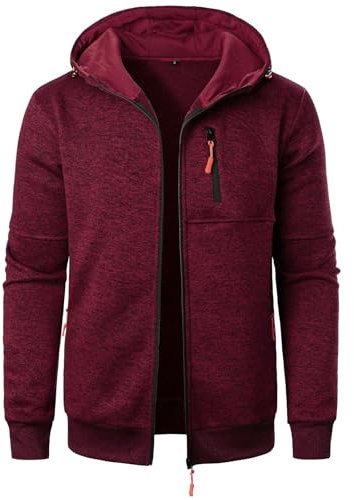 Herren Langarm Kapuzenjacke Reißverschluss Übergangsjacke Softshelljacke Strickjacke Lässige Herbst Winterjacke Herren Sweatjacke mit Taschen Freizeitjacke Modischer Hoodie Sportjacke (Wine,XXL)