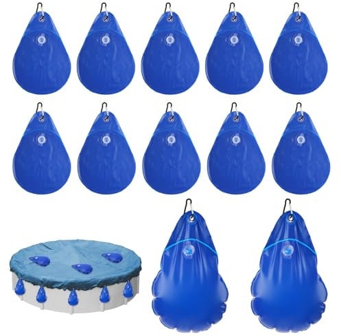 12pcs Pool Cover Weights with Hooks, Leakproof Swimming Pool Wall Cover Hanging Water Bags Antifreezing Winter Pool Tarp Weights for Swimming Pool Closing Kit