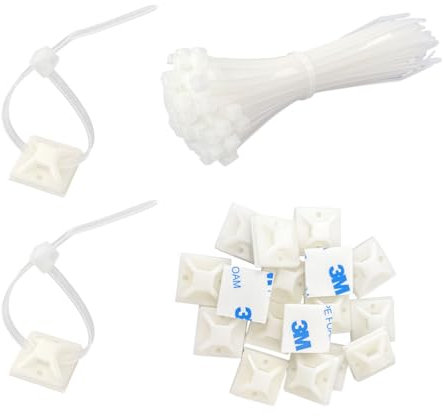 Kleine Klebesockel Kabelklemme selbstklebend 20 x 20 mm und Kabelbinder 150mm Je 100 Stück weiß, Kabelklemme Montagebefestigung Sockel Halterung für Haus und Büro Kabelmanagement