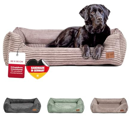 HS-Hundebett® Kuschelbett Deluxe Cord L (80x95 cm) – Orthopädisches Hundebett Beige für große Hunde – Memory Foam, waschbar, rutschfest – Made in Germany