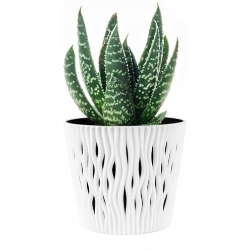 B2C Indoor Plant Pots with Insert Plastic Flowerpot Small Large Planter Home Decor Wavy Grooves Texture Removable insert (White, 22.5cm)