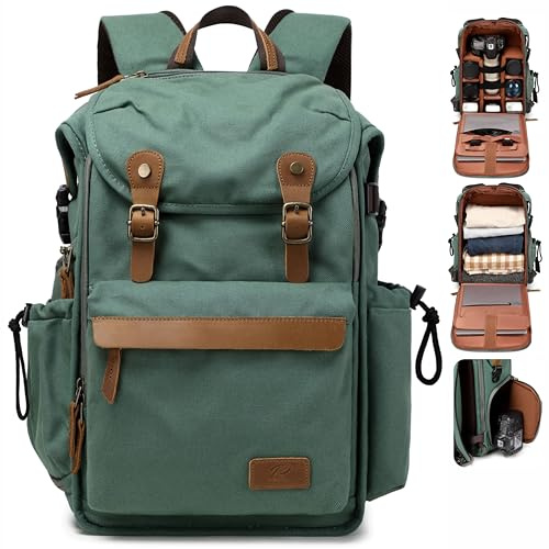Padwa Lifestyle Green Camera Backpack - Waxed Memory Canvas Camera Bag with 16” Laptop/Lens & Tripod Compartment, Multipurpose Camera Backpacks for Professional Photographers