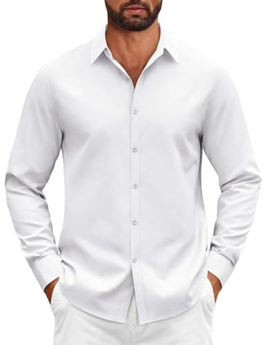 COOFANDY Camicia da Uomo a Maniche Lunghe in Cotone vestibilità Regolare con Bottoni Formale Comoda Business Bianca XXL