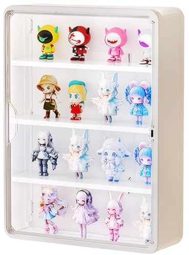 HGYZE Clear Display Case for Figures, 15.75 High, Wall Mounted Shelf with Magnetic Door, Hanging Display Case for Collectibles Action Doll Blindboxes Storage (White, 4-Layer 1 Pack)