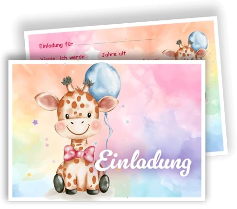 Edition Colibri Giraffen Party Einladungskarte – Süßes Tiermotiv mit Luftballon – Kindergeburtstag | Set mit 10 flachen Karten (A6) – Rückseite zum Beschreiben