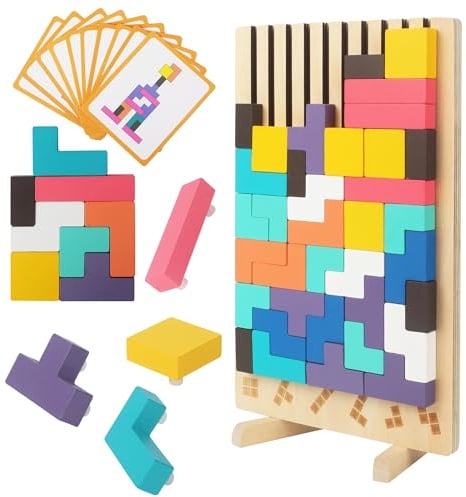 ACOMTUO Intelligenz Puzzle, Tetris Holzpuzzle Kinder, 3D Puzzle Tetris Spiel, mit 10 Karten, Montessori-Spiele 3 4 5 6 Jahre, 3 in 1 Tangram Holzpuzzle Kinder, Geschenke, Geburtstag, Weihnachten