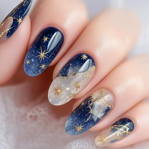 24PCS Celestial Galaxy Press On Nails Kit with Dark Blue Gradient Star Accents - Medium Almond Fake Stick On Nails for Women DIY Art, 3D French Tips Set with Glitter UV Polish