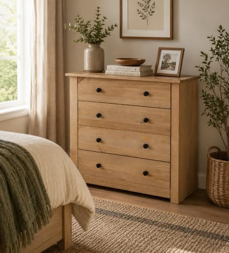 Mews Panama 4 Drawer Chest of Drawers Solid Pine Wood with Waxed Oak Finish