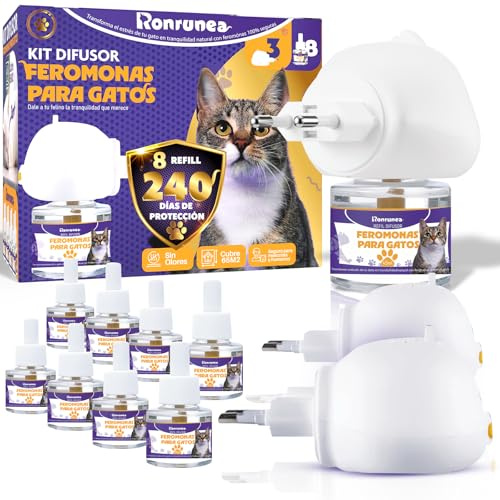 | RONRUNEA® - Pack Ahorro de 3 Difusores + 8 Recambios de 48ml de Feromonas para Gatos Premium | Ambiente Tranquilo para Tus Gatos hasta 240 Días | Ideal para Hogares.