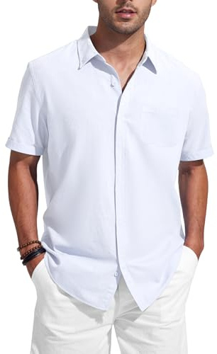 Friptspyg Leinenhemd Herren mit Tasche Hemd Herren Kurzarm Sommerhemd mit Versteckten Knöpfen Casual Alltag Strand