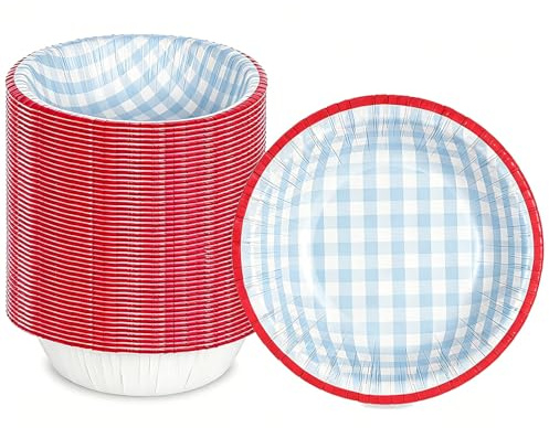 50 Pack Paper Bowls, 8oz/240ml Disposable Blue Gingham Bowls, 6''(15cm) Strong Soup Bowls, Microwave Safe Compostable Checkered Bowl for Hot & Cold Foods, Soup, Desserts, Salads (Blue Gingham)