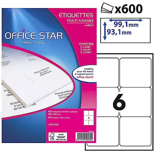 OFFICE STAR - 600 Étiquettes Autocollantes Multi-Usages Blanches Personnalisables Imprimables - Format 99,1 x 93,1 mm - Impression Laset Jet d'Encre et Copieur