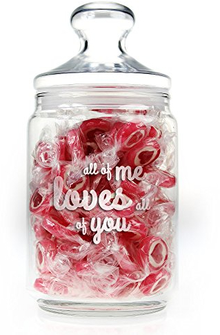 Casa Vivente – Bonbonglas mit Gravur – „All of Me loves all of You“ – Bonboniere mit Deckel – Vorratsglas mit luftdichtem Verschluss für Süßigkeiten – Geschenkidee für Männer und Frauen – 1000 ml