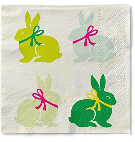 Sovie HOME Serviette RUBY in Grün aus 3-lagiges Tissue, 33x33cm, 1/4 Falz, 20 Stück, niedliche Kaninchen mit Schleifen, saugstarke Einwegservietten ideal für Osterbrunch