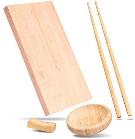 REISHUNGER Sushi Servier Set, traditionelles Service aus Bambus - 4 teiliges Geschirrset für 12 Personen