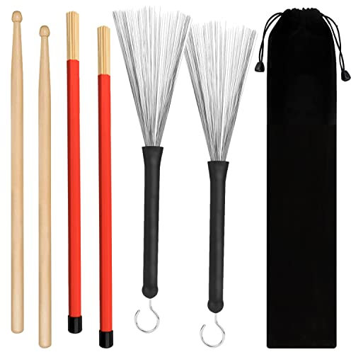 SINBLUE Drum Sticks Brush Set 5A Maple Wood Drum Sticks 1 Pair, Retractable Drum Wire Brushes 1 Pair, Rods Drum Brushes 1 Pair for Kids, Adults, Rock Band, Jazz Folk Students with Portable Storage Bag
