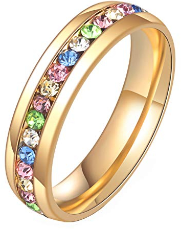 HIJONES Schmuck Damen Edelstahl Einreihig Diamant Ring Größe 60 (19.1) (Gold Regenbogen)