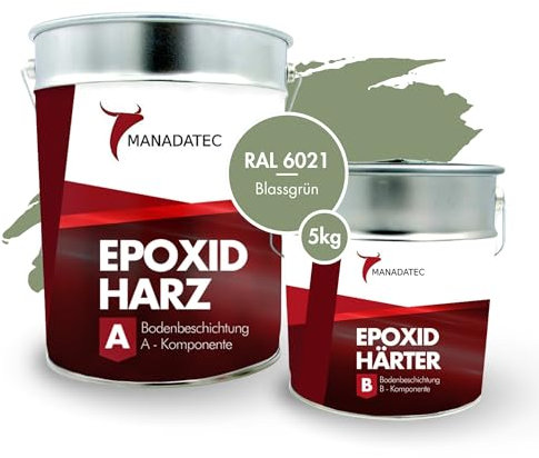 MANADATEC 2k Epoxidharz Bodenbeschichtung 5kg I RAL 6021 Blassgrün I Lösemittelfrei, Umweltfreundlich & Geruchsneutral I Beschichtung für Garagen- & Kellerböden I Hohe Schlagfestigkeit